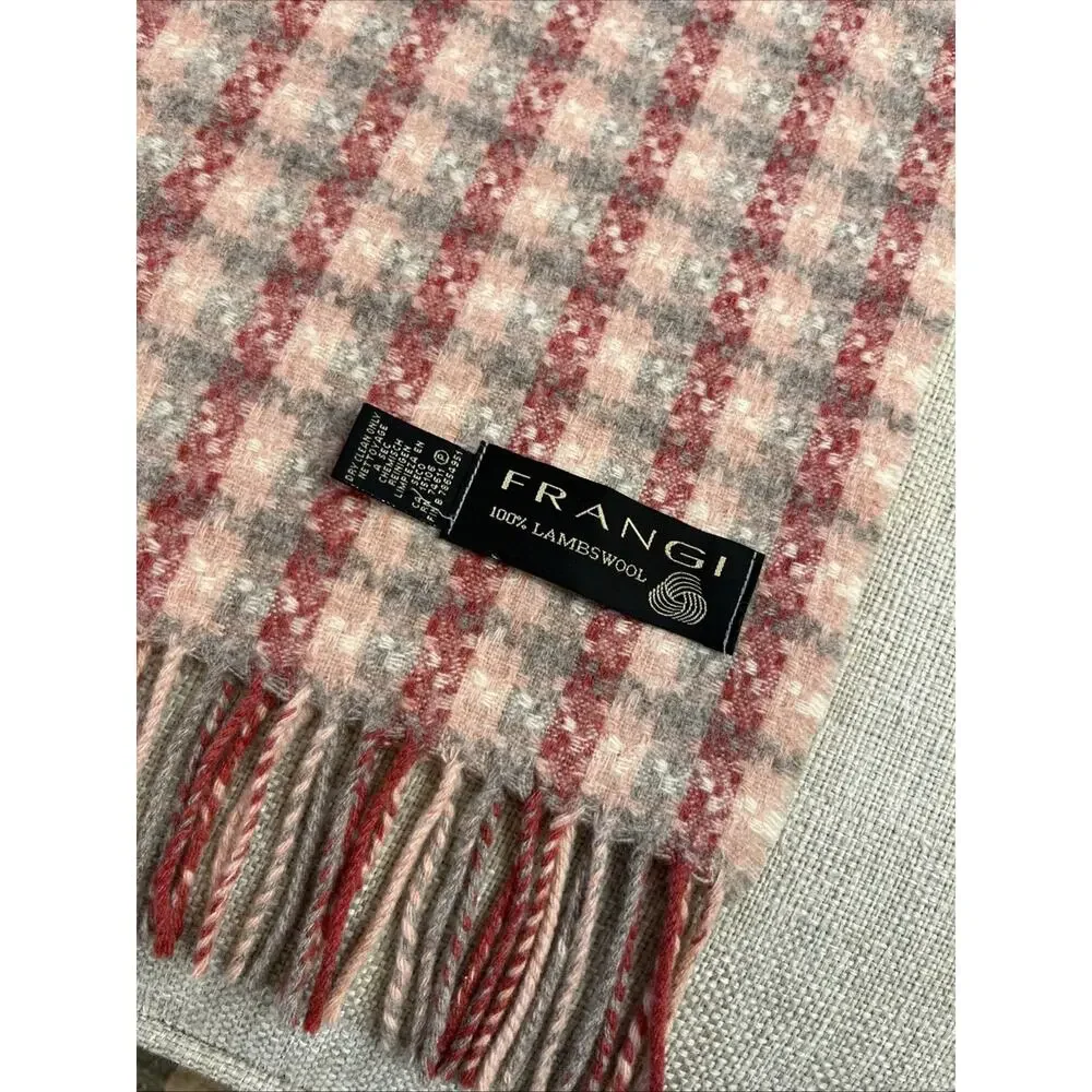 Vintage FRANGI Scarf 100% LAMBSWOOL Made In England Pink Plaid Fringe 10X60